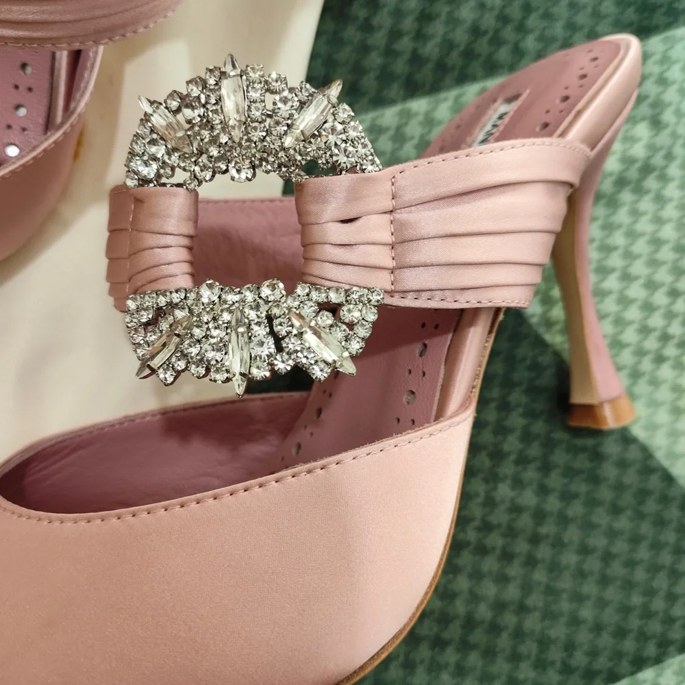 Manolo Blahnik Pink Satin Crystal-Buckle Pointed Mules